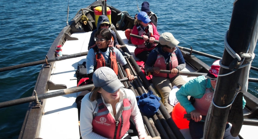 A group of students wearing life jackets use oars to navigate a boat
